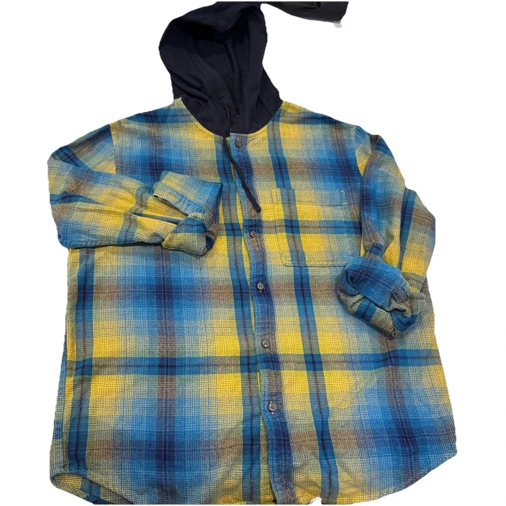 Edgar‎ & Ash Blue Cotton Work Shirt Plaid Longsleeve Hoodie Men's LARGE